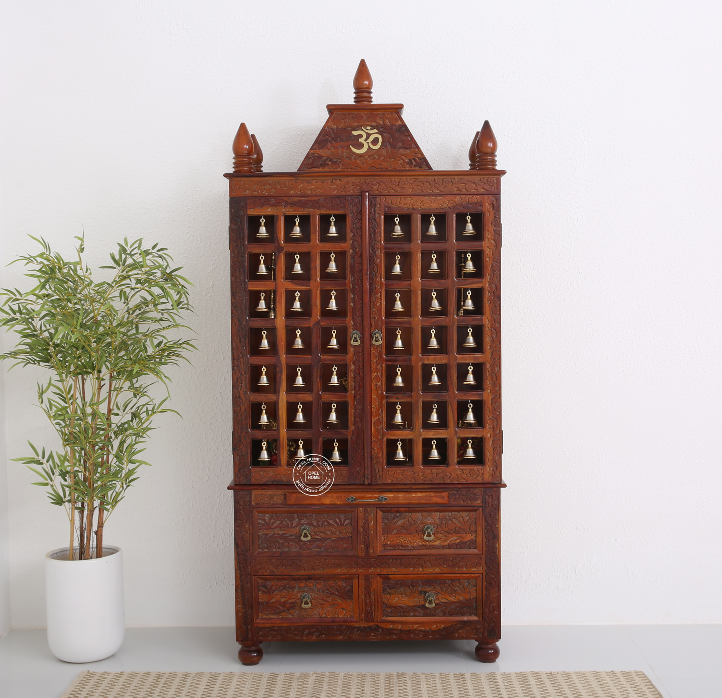 Rose Wood Home Temple with Bell Doors – Honey Finish