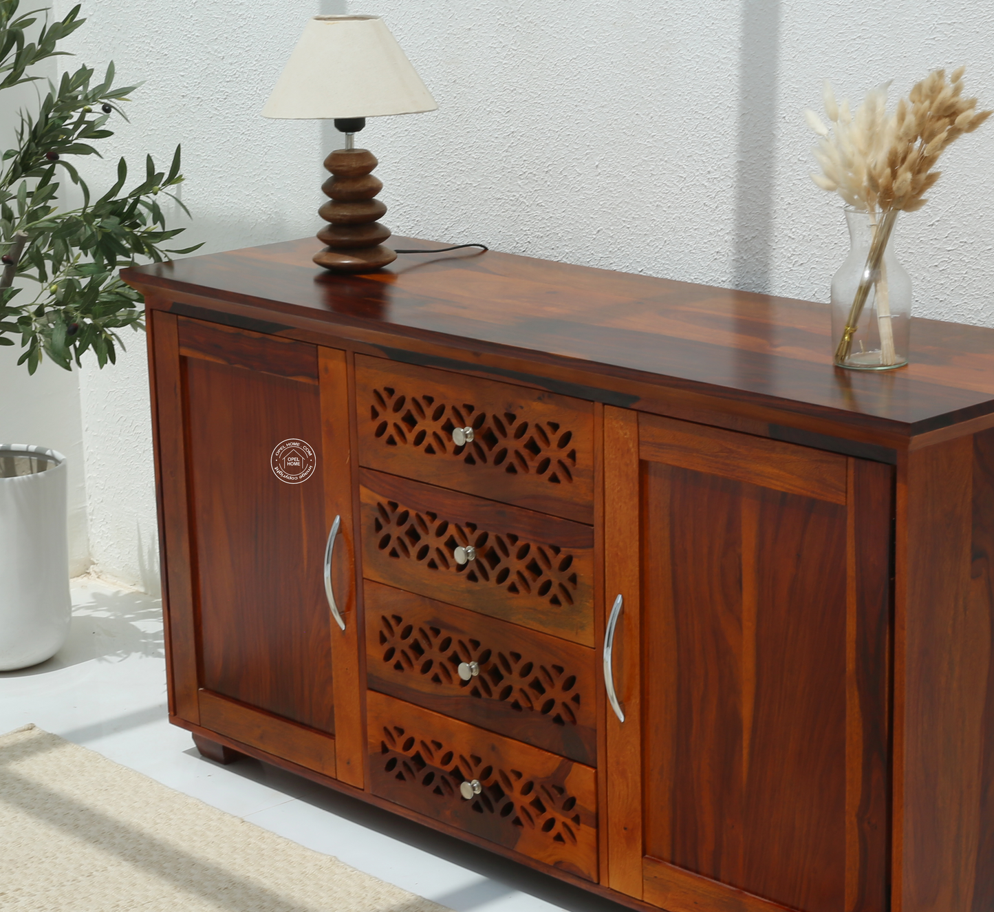 French Wooden 2 Door 4 Drawer Sideboard – Solid Rosewood Honey Finish Storage Cabinet | Opelhome UAE