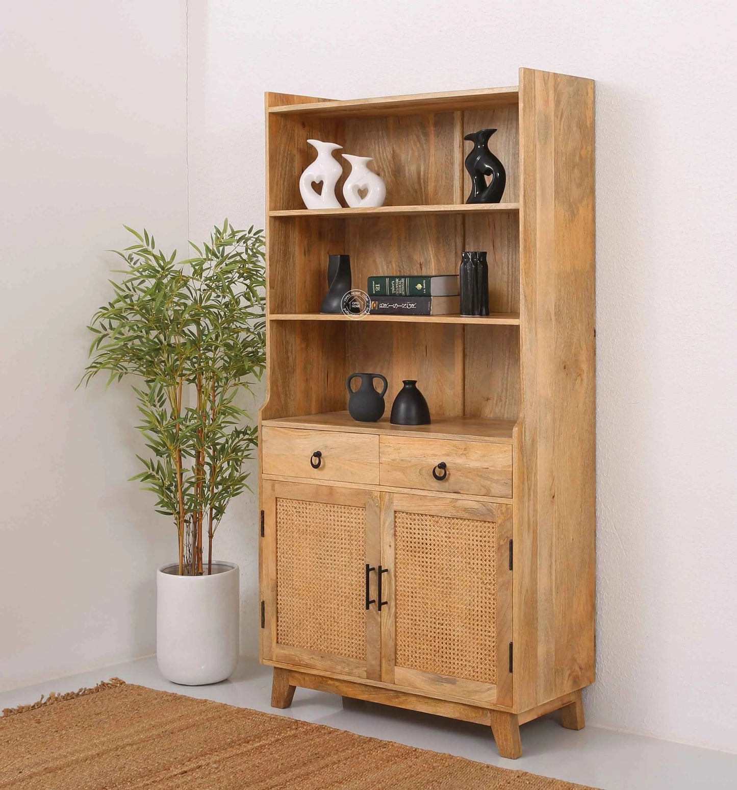 Abston Rattan Display Cabinet – Solid Wood, Natural Finish, Tall Storage | Opelhome UAE