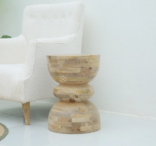 Alba Hourglass Shaped Wooden Side Table – Solid Mango Wood, Natural Finish | Opelhome UAE - Opelhome