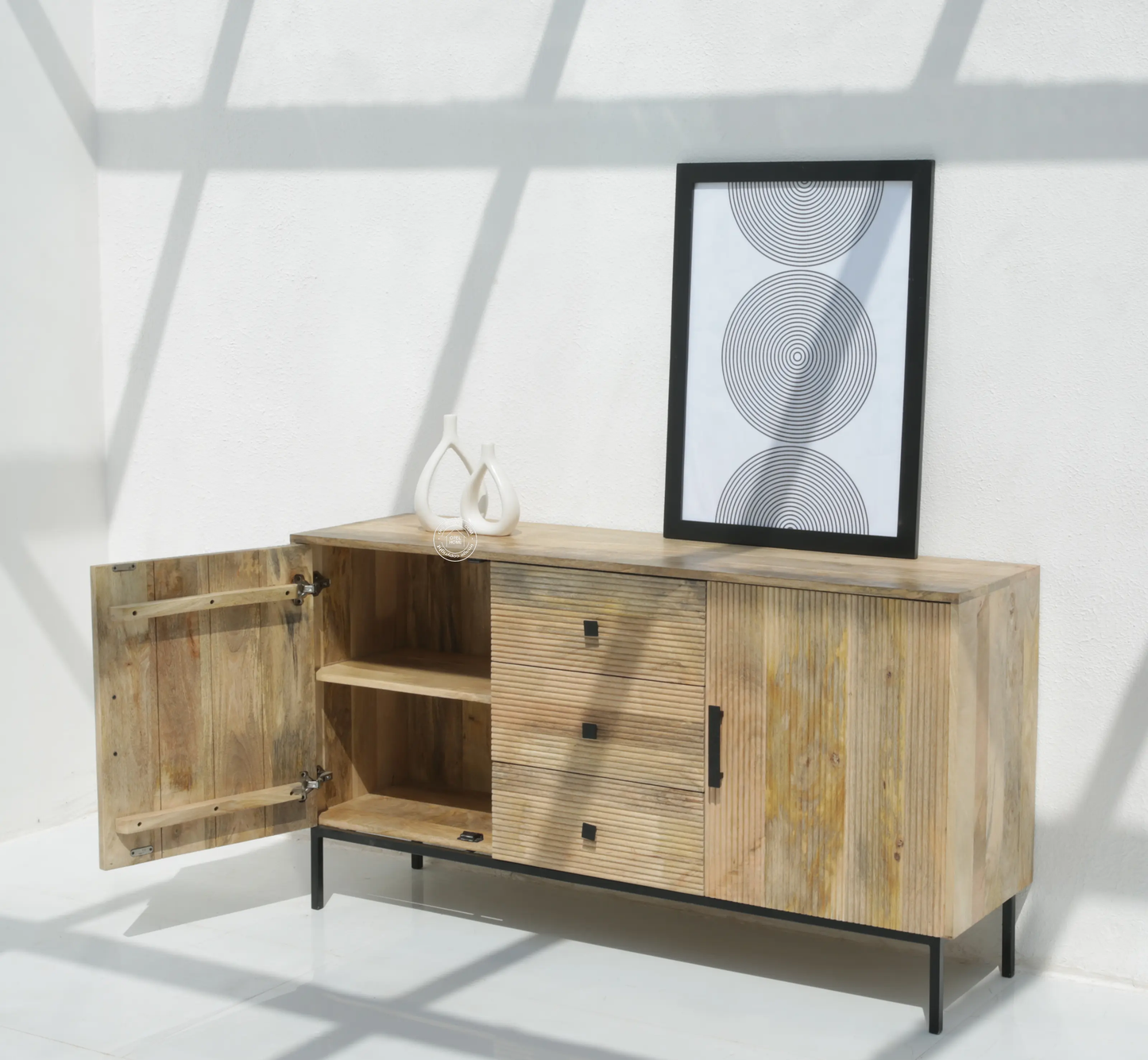 Aldora 3 Drawers & 2 Doors Sideboard – Solid Mango Wood & Iron, Natural Finish | Opelhome UAE - Opelhome
