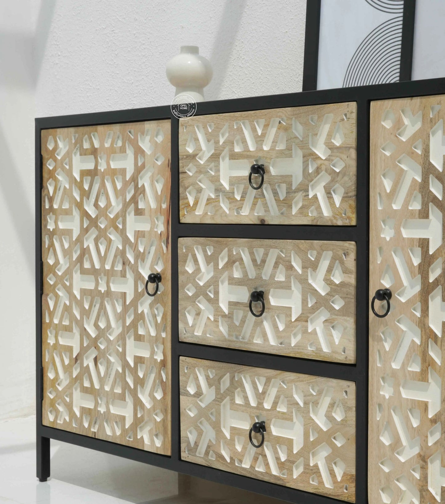 Antonella 3 Drawers & 2 Doors Sideboard – Mango Wood, Metal Frame, Natural Finish | Opelhome UAE
