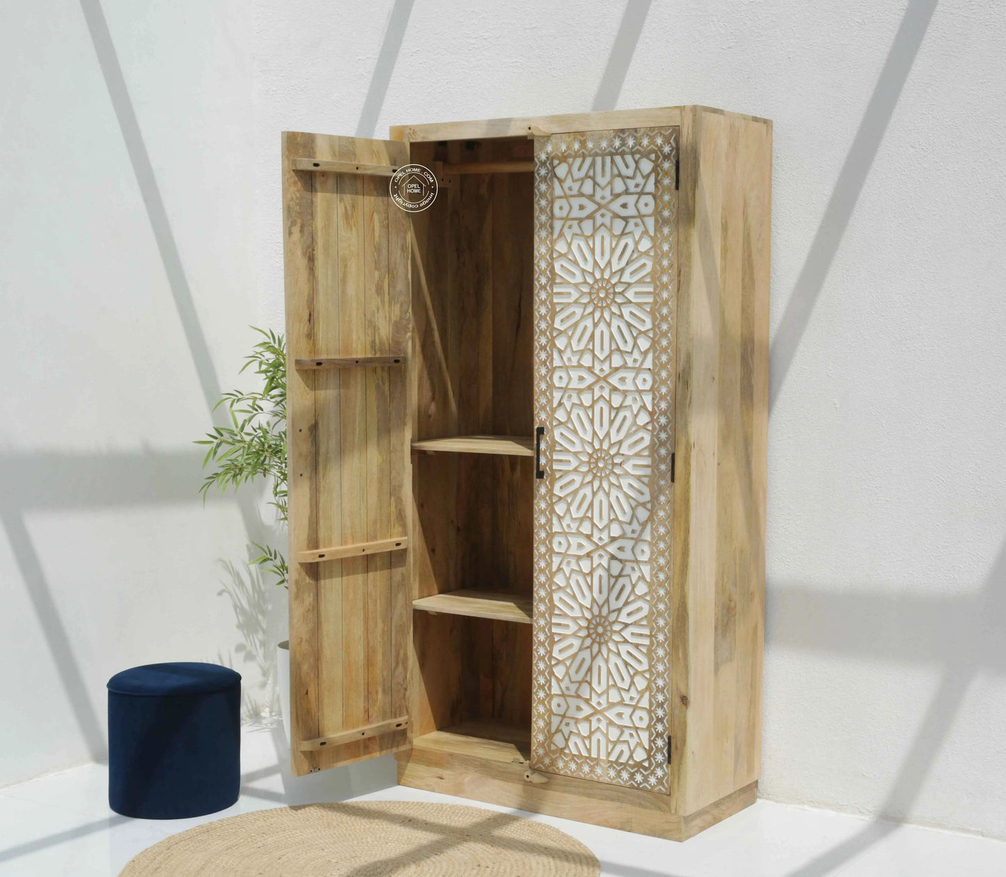 Antonella Wooden Carved Closet – 2 Doors, Solid Mango Wood, Natural Finish, Tall Storage | Opelhome UAE