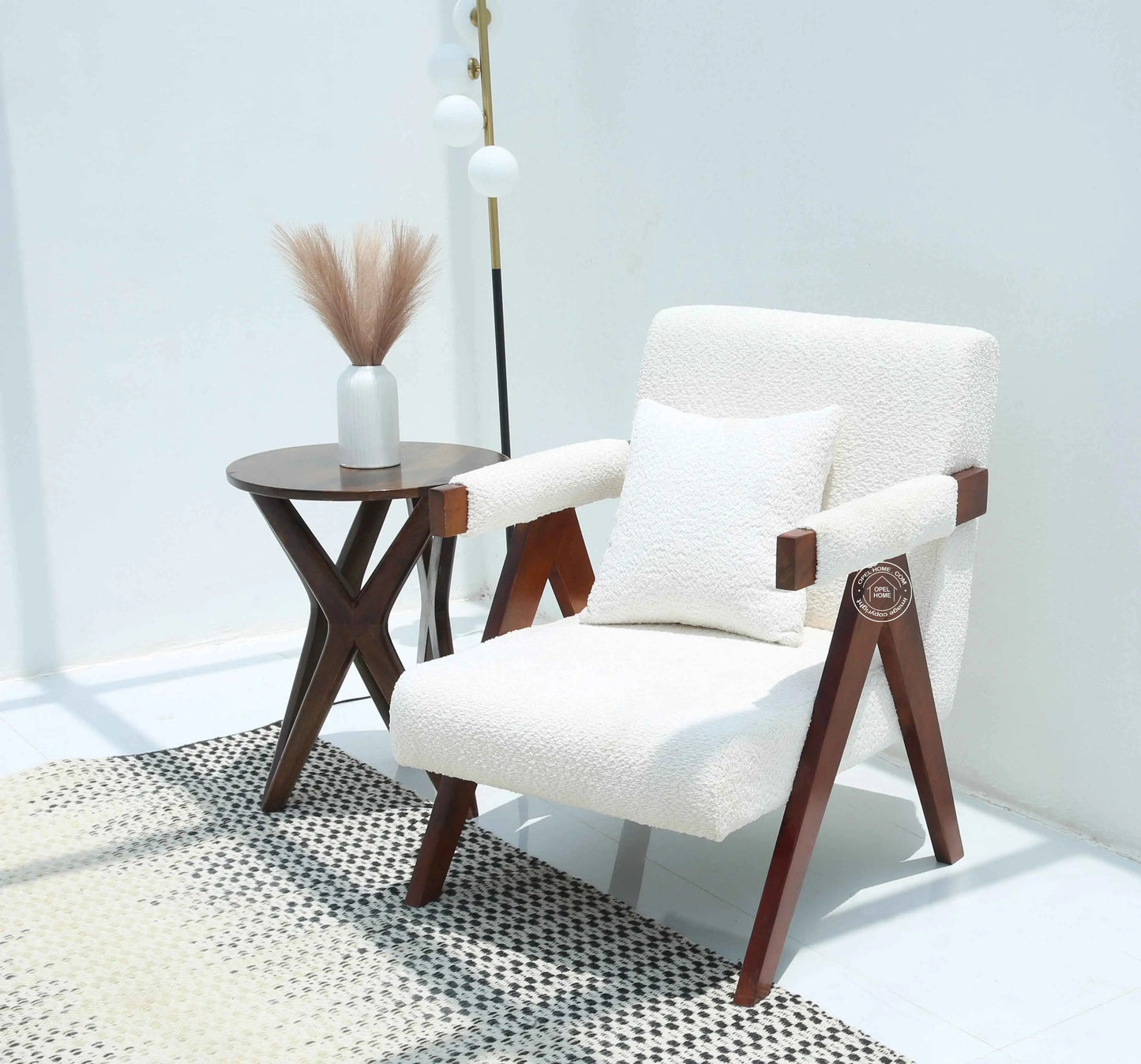 Antony Arm Chair – White Boucle Fabric, Solid Rosewood Frame, Teak Finish | Opelhome UAE