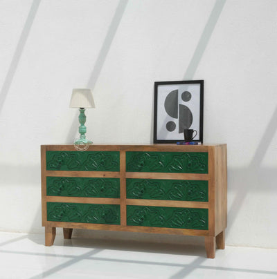 Bearup 6 Drawer Wooden Carved Chest of Drawers – Solid Mango Wood, Natural & Green Finish | Opelhome UAE