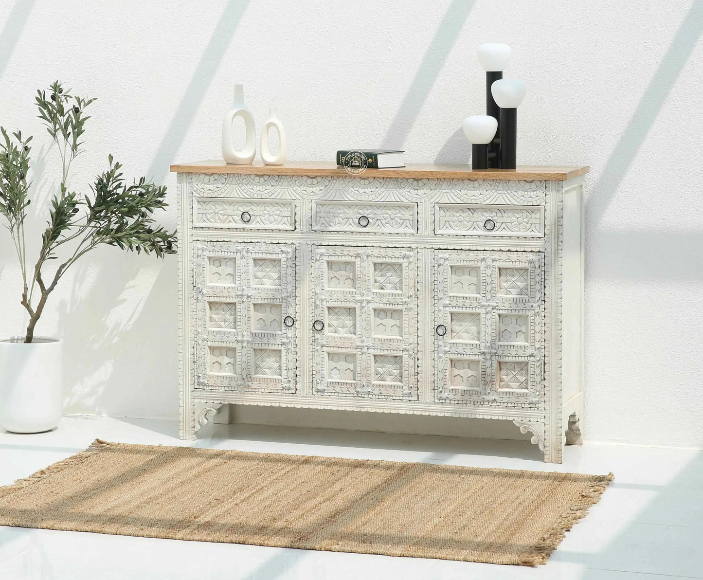 Berry Wooden 3 Door 3 Drawer Sideboard – Solid Mango Wood, Multiple Color Options | Opelhome UAE