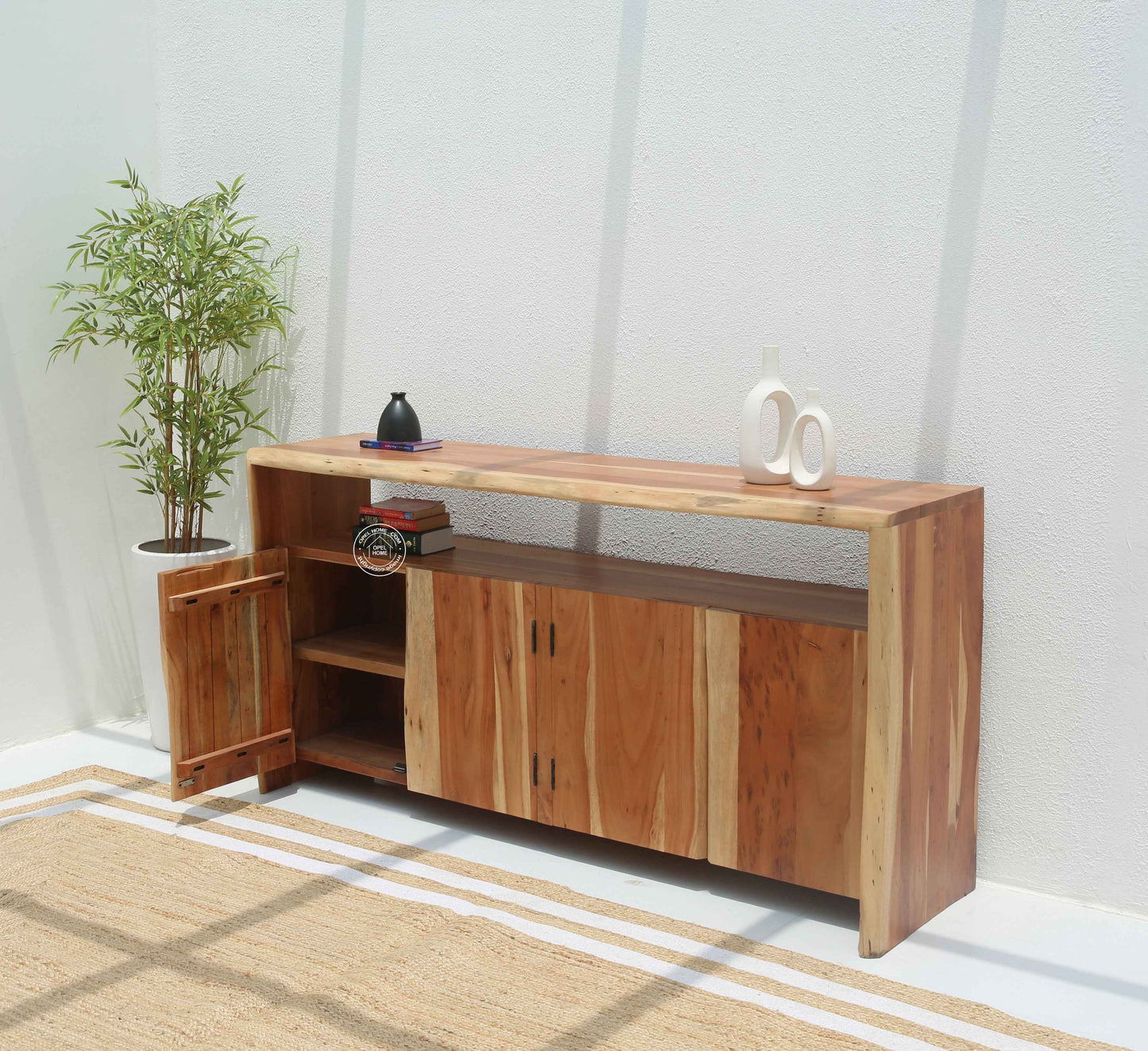 Bold Wooden Sideboard – 4 Doors, Solid Acacia Wood, Natural Finish | Opelhome UAE