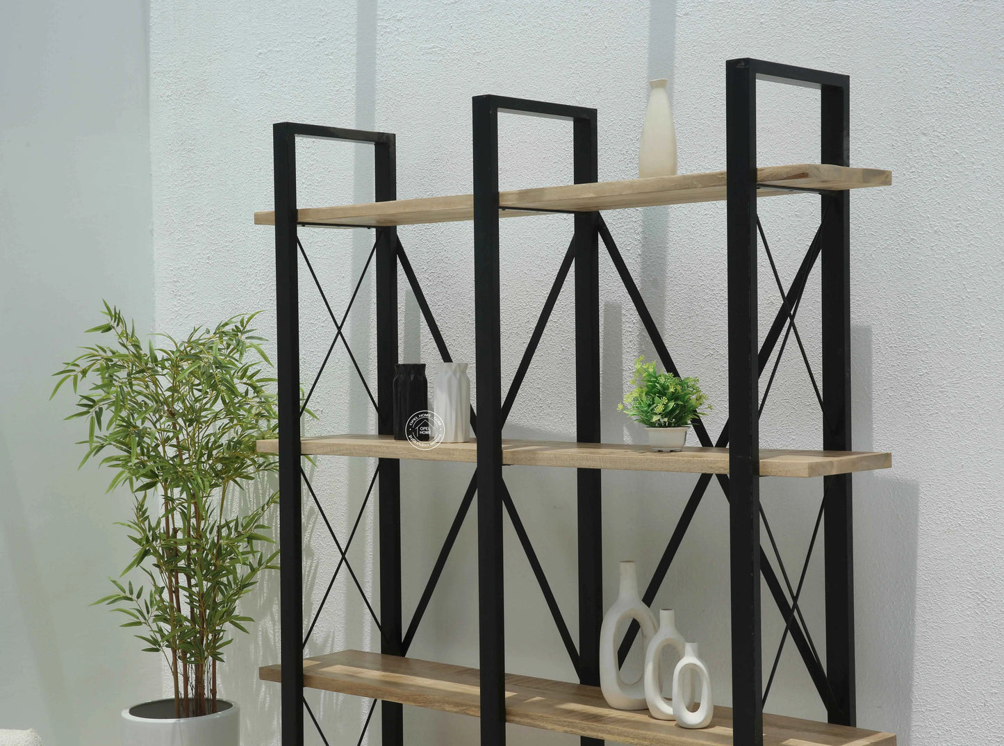 Brogan Industrial Bookshelves – Solid Mango Wood & Iron, Natural Finish, 150 cm Tall | Opelhome UAE