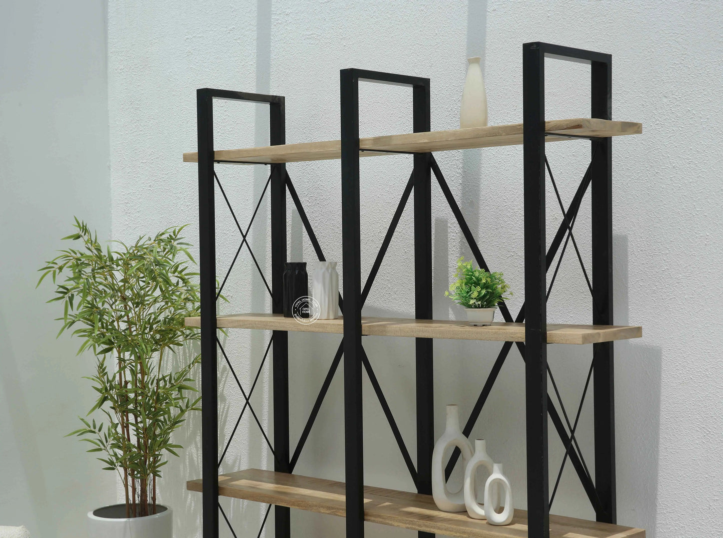 Brogan Industrial Bookshelves – Solid Mango Wood & Iron, Natural Finish, 150 cm Tall | Opelhome UAE