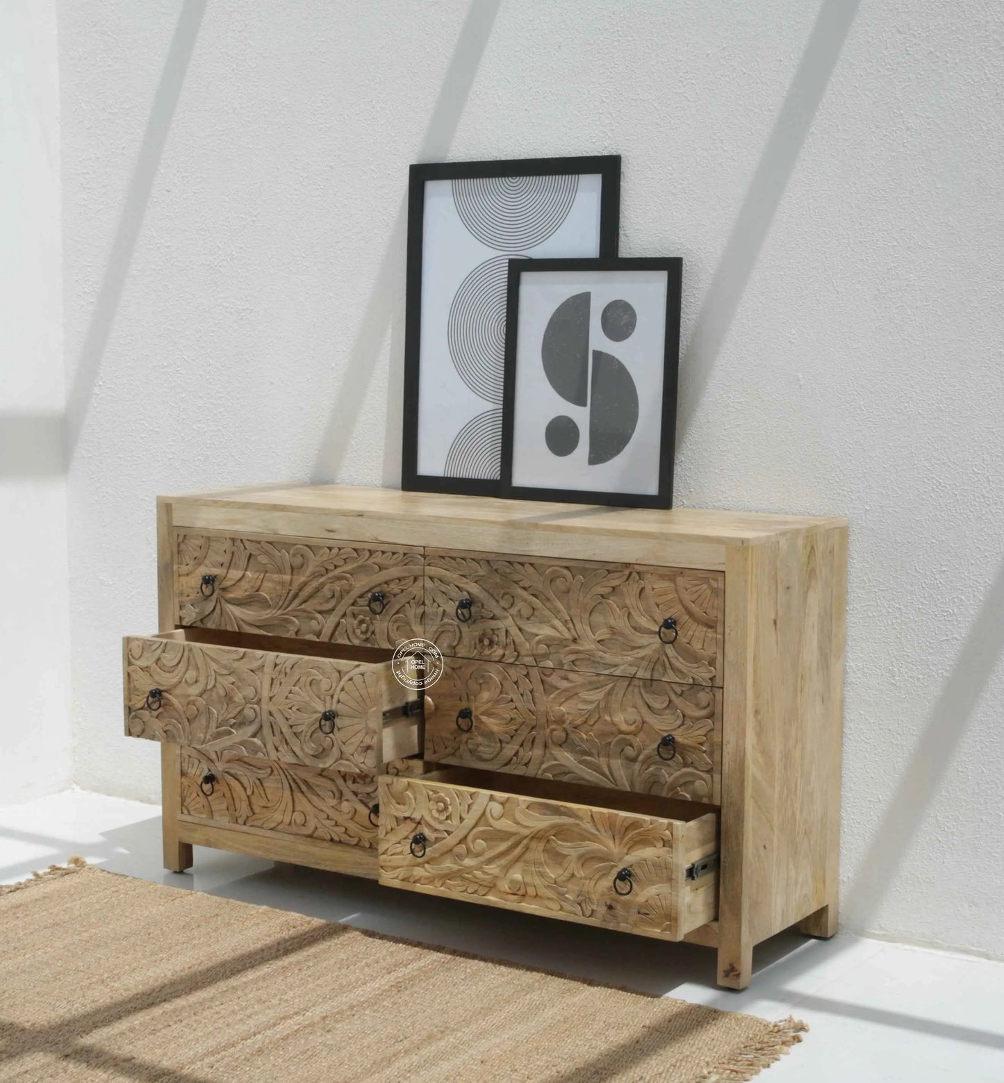 Caramount Wooden Carved Chest of Drawers – Solid Mango Wood, Natural Finish | Opelhome UAE