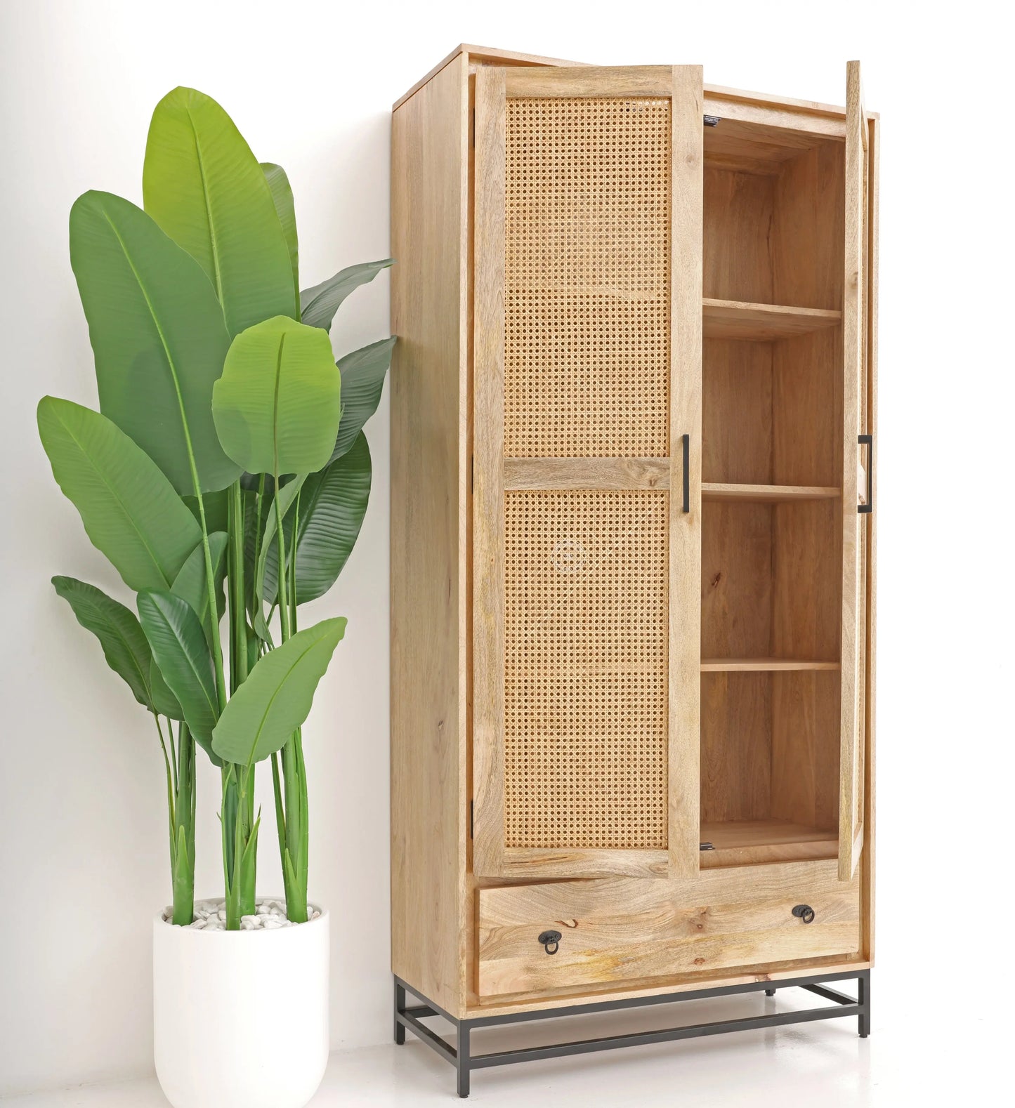 Curly Rattan Closet – 1 Drawer, Solid Mango Wood, Natural Finish, Tall Storage | Opelhome UAE Opel Home