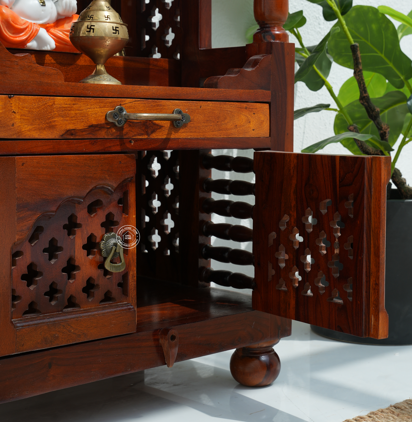 Home Temple | Dev Aangan Solid Rosewood Pooja Mandir with 2 Doors – Honey Finish