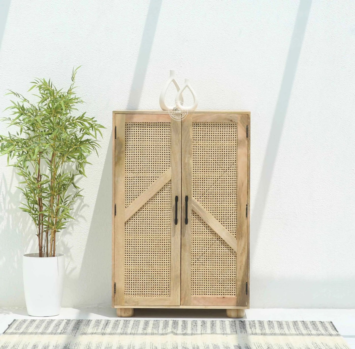 Elmora Rattan Shoe Rack – Solid Mango Wood, Natural Finish, Hallway Storage | Opelhome UAE