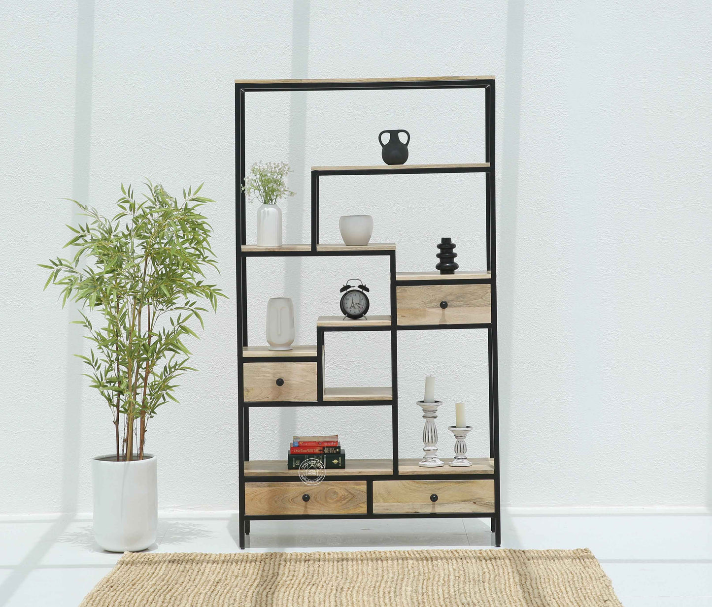 Elyra Industrial Wooden Shelf Unit with 4 Drawers – Solid Mango Wood & Iron | Opelhome UAE