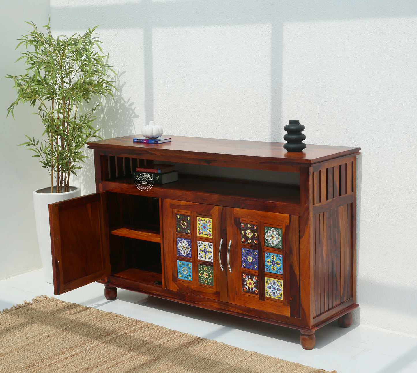Erlene 3 Door Wooden Sideboard – Solid Rose Wood, Honey Finish | Opelhome UAE - Opelhome
