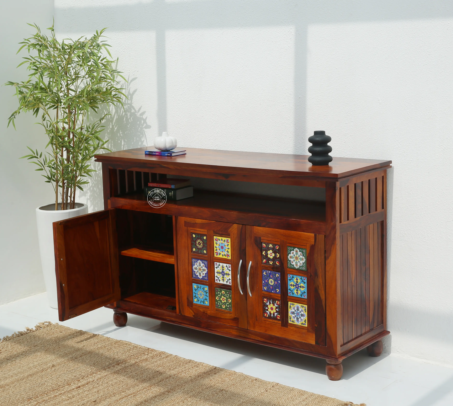 Erlene 3 Door Wooden Sideboard – Solid Rose Wood, Honey Finish | Opelhome UAE - Opelhome