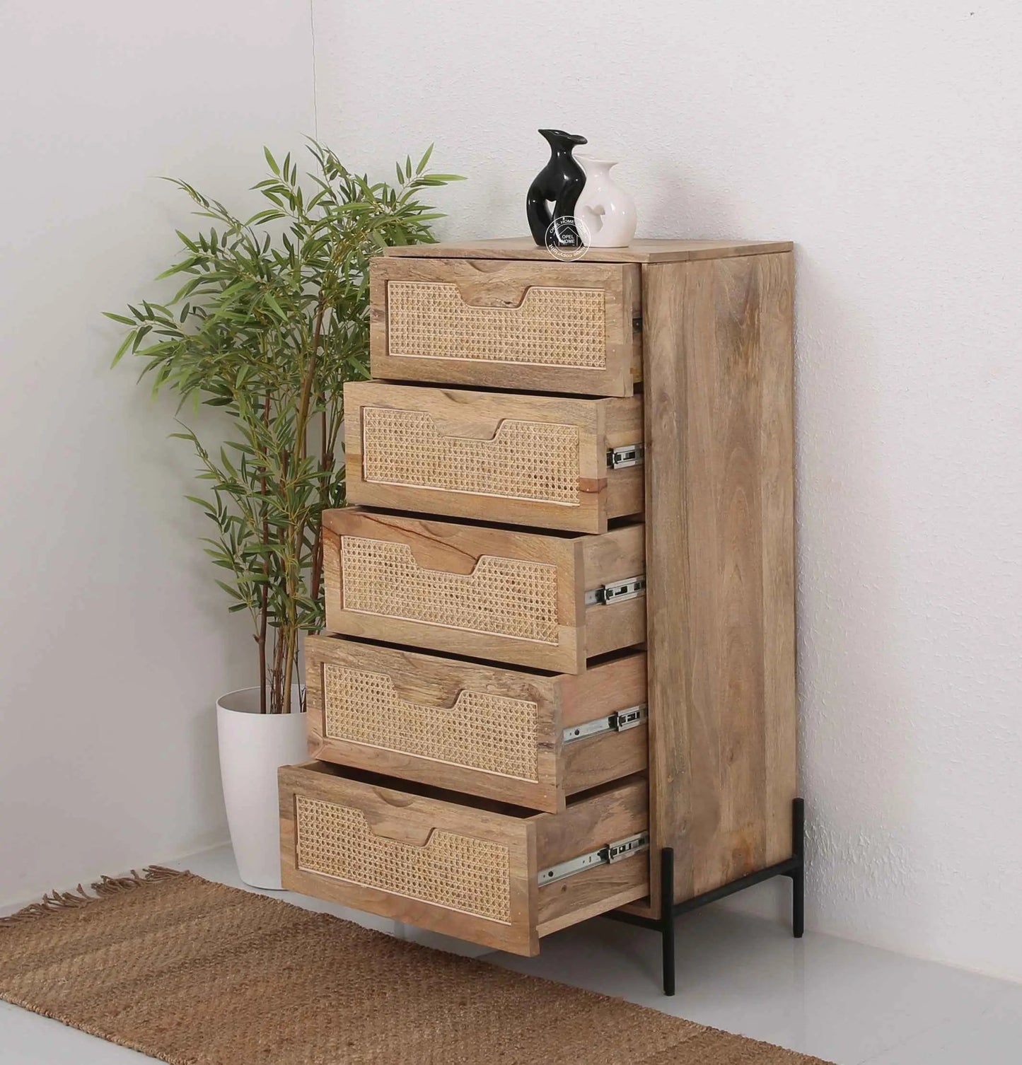 Farlin Rattan Cabinet – 5 Drawers, Solid Mango Wood, Natural Finish | Opelhome UAE