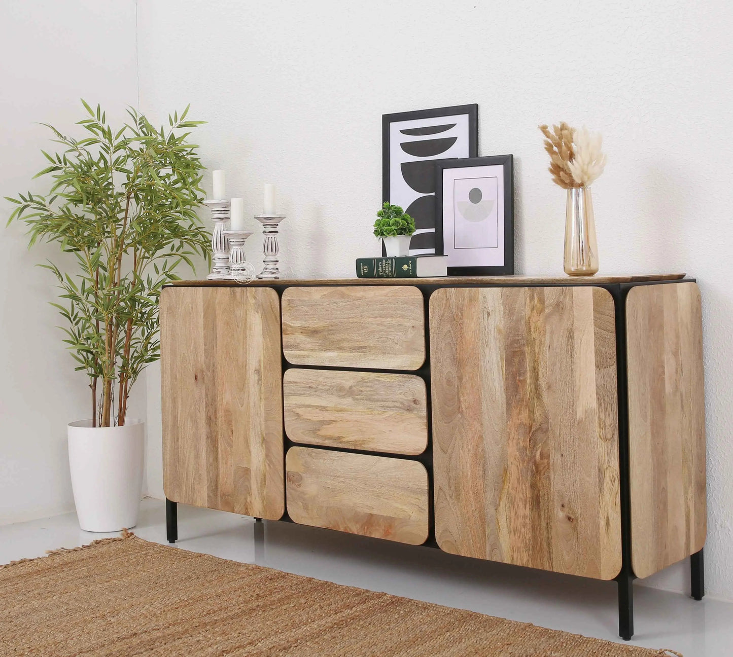 Frank Sideboard – 3 Drawers, 2 Doors, Solid Mango Wood & Iron, Natural Finish | Opelhome UAE