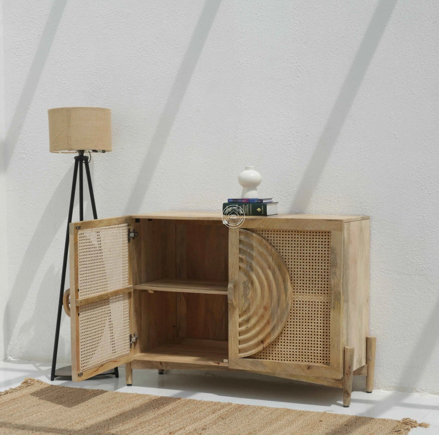 Hallum 3 Door Rattan Sideboard – Solid Mango Wood, Natural Finish | Opelhome UAE