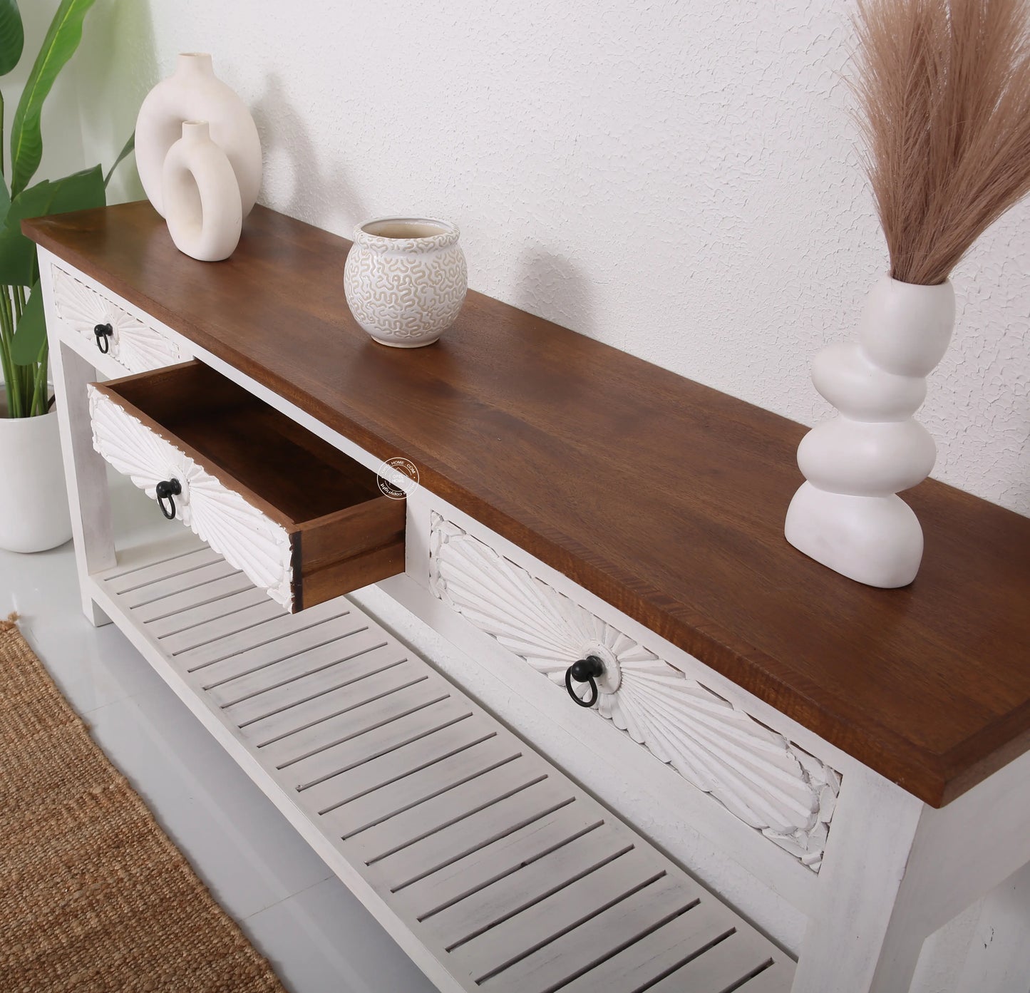 Henn Wooden Console Table – 3 Drawers, Solid Teak Wood, White Finish | Opelhome UAE Opel Home