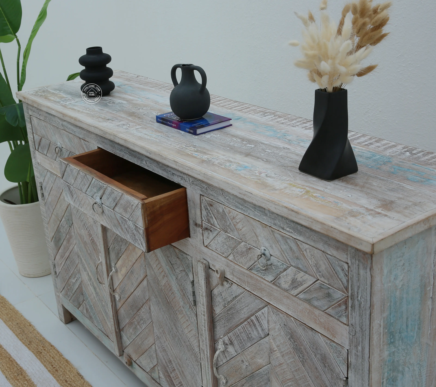 Herrin Old Wood Sideboard – 3 Doors, 3 Drawers, Solid Wood, Rustic White Finish | Opelhome UAE