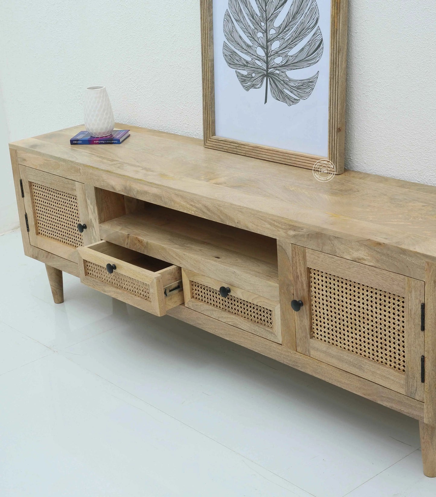 Hulton Rattan Doors & Drawers TV Unit – Solid Mango Wood, Natural Finish | Opelhome UAE