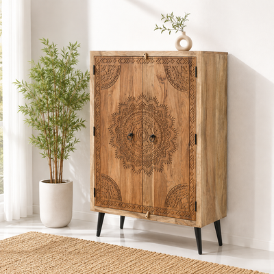 Cary Wooden Cabinet – 2 Doors, Solid Mango Wood, Natural + Honey Finish