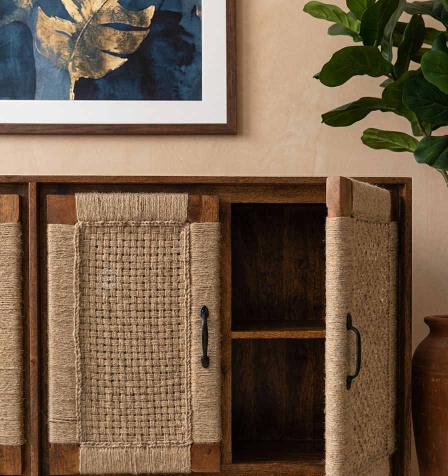 Allred Solid Mango Wood 4 Door Sideboard with Handwoven Jute – Honey Finish | Opelhme UAE