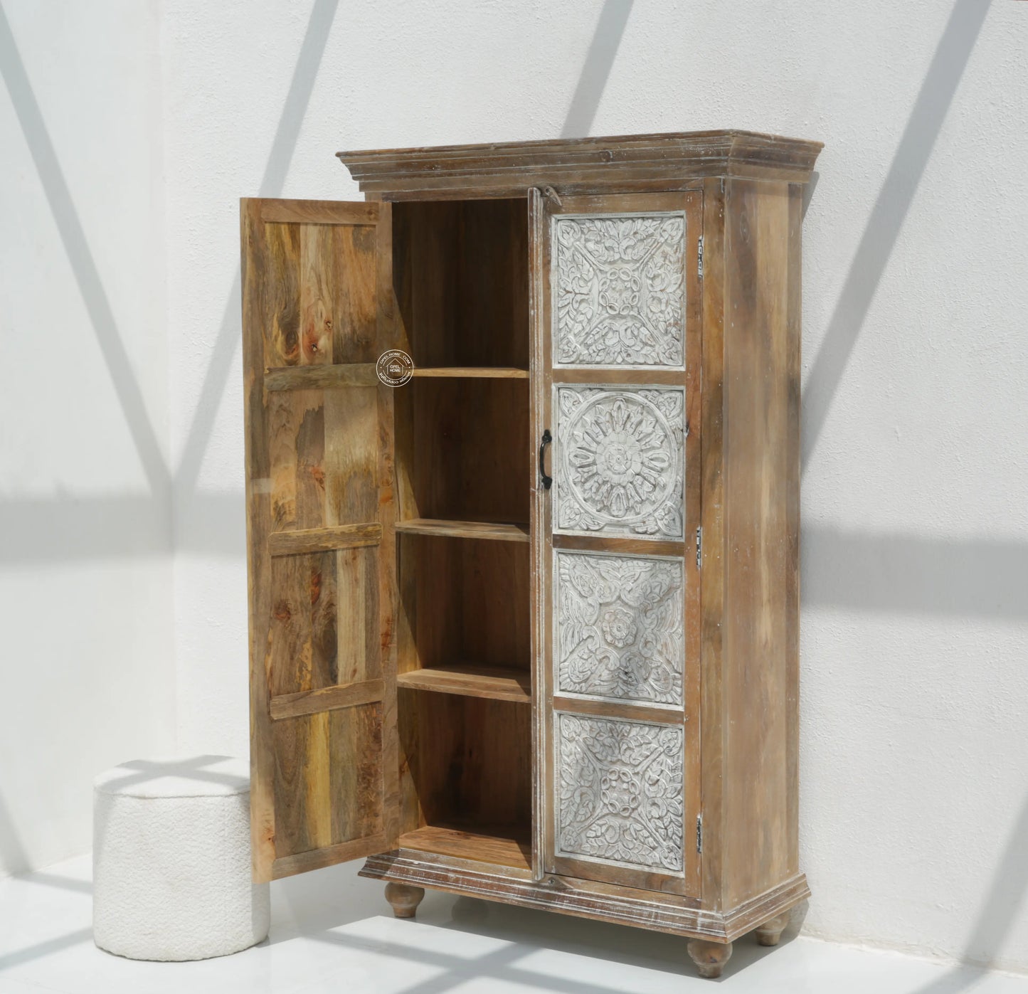 Jenna Wooden 2 Door Carved Closet – Solid Mango Wood, Walnut + White Finish | Opelhome UAE - Opelhome