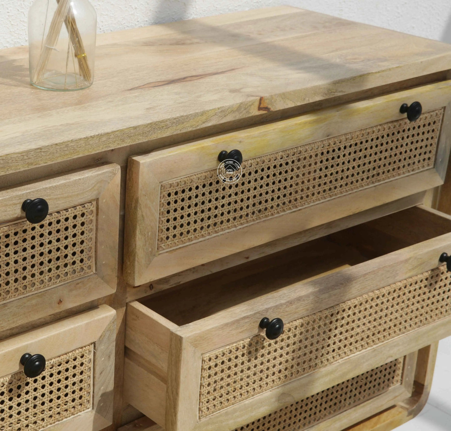 Limestone Rattan Chest of Drawers – 6 Drawers, Solid Mango Wood, Carved Design | Opelhome UAE
