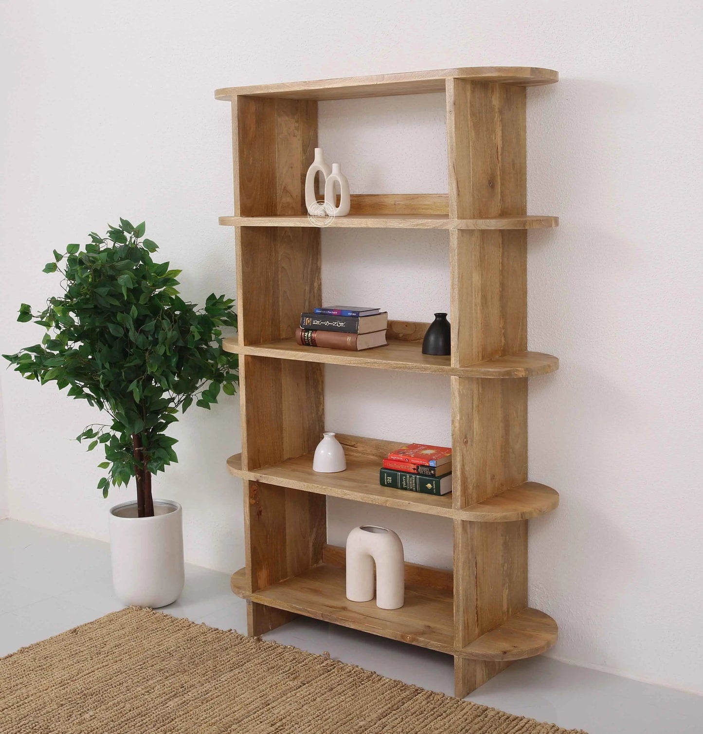 Mario Wooden Bookcase – Solid Mango Wood, Natural Finish, Tall Shelving | Opelhome UAE