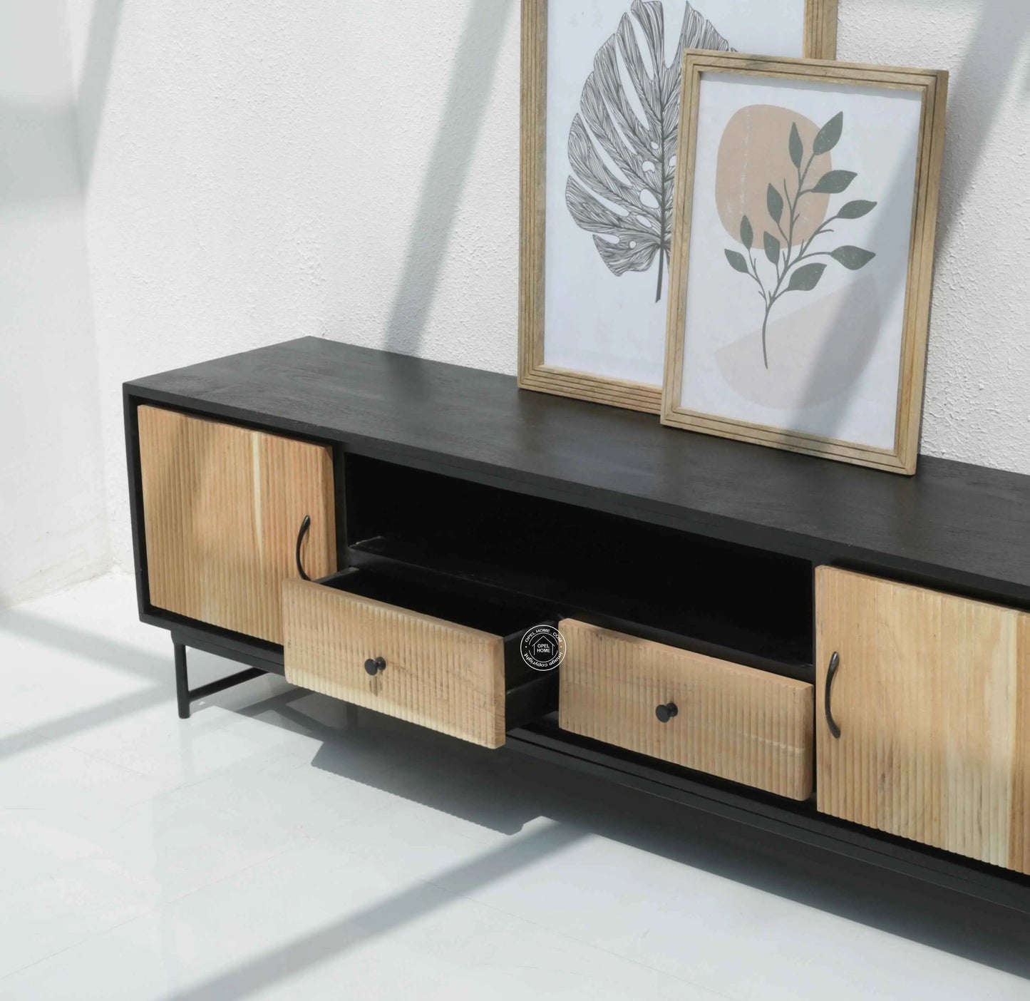 Milen Wooden Slat TV Unit – Two Doors, Two Drawers, Solid Mango & Acacia Wood | Opelhome UAE