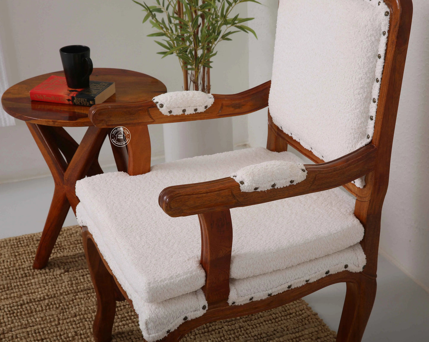 Mira Wooden Arm Chair – Solid Rosewood, Honey Finish, Bronze & White Boucle | Opelhome UAE