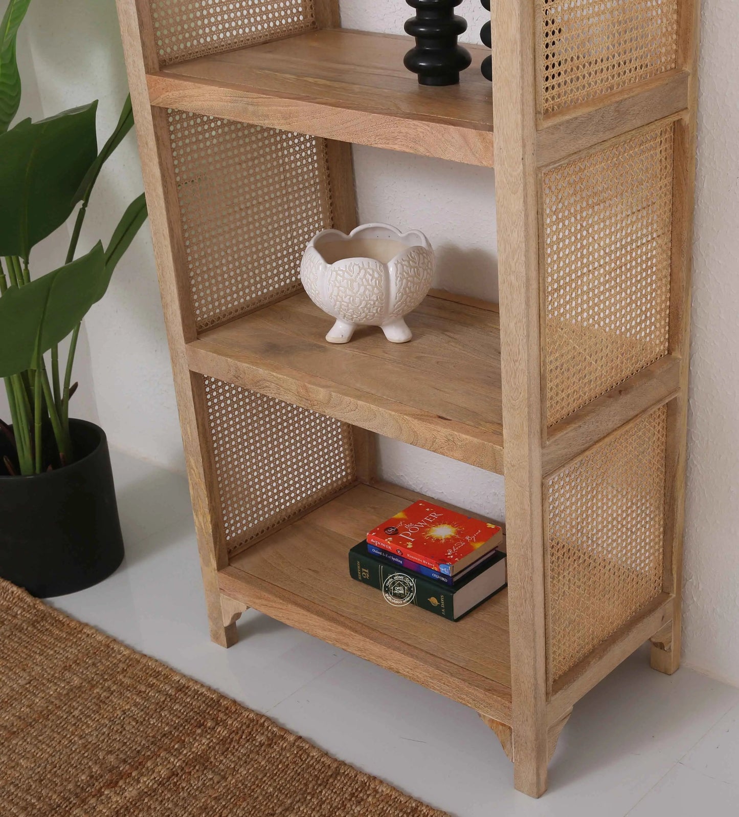 Modern Rattan Wooden Book Shelves – Solid Mango Wood, Natural Finish, Tall Storage | Opelhome UAE