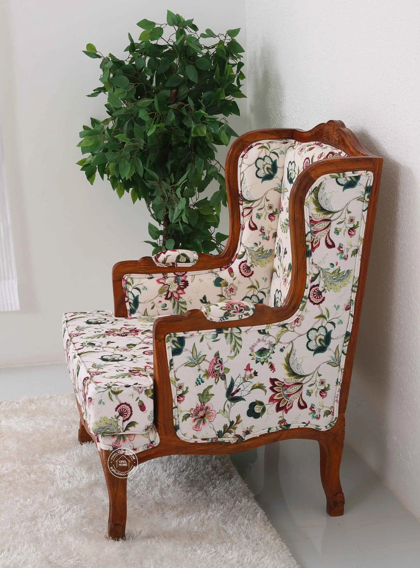 Modura Wooden Lounge Chair – Solid Rosewood, Honey Finish, Boucle Fabric | Opelhome UAE