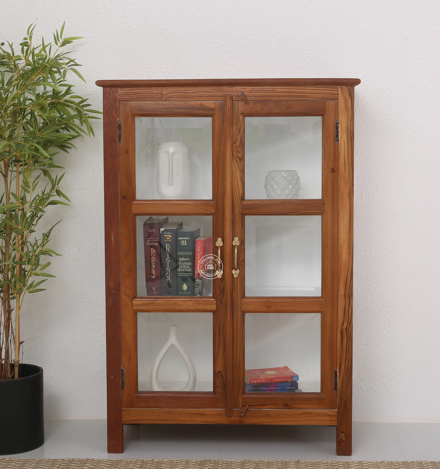 Oscar Teak Wood Display Cabinet Small – Solid Teak Wood, Natural Finish | Opelhome UAE - Opelhome
