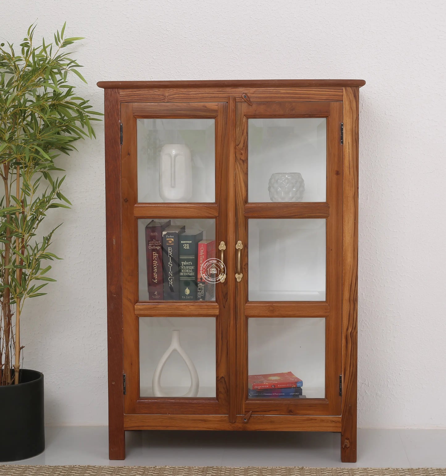 Oscar Teak Wood Display Cabinet Small – Solid Teak Wood, Natural Finish | Opelhome UAE - Opelhome