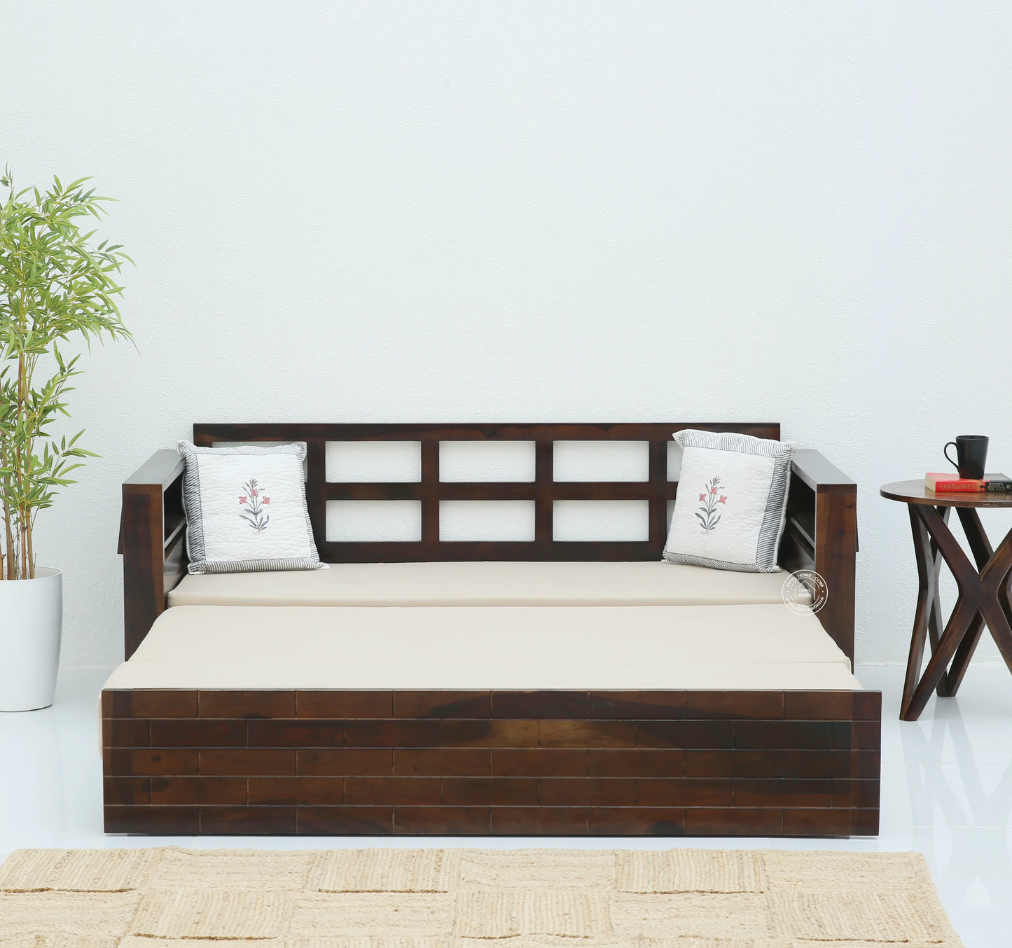 Reva Wooden Sofa cum Bed With Storage – Solid Rose Wood, Walnut Finish | Opelhome UAE - Opelhome
