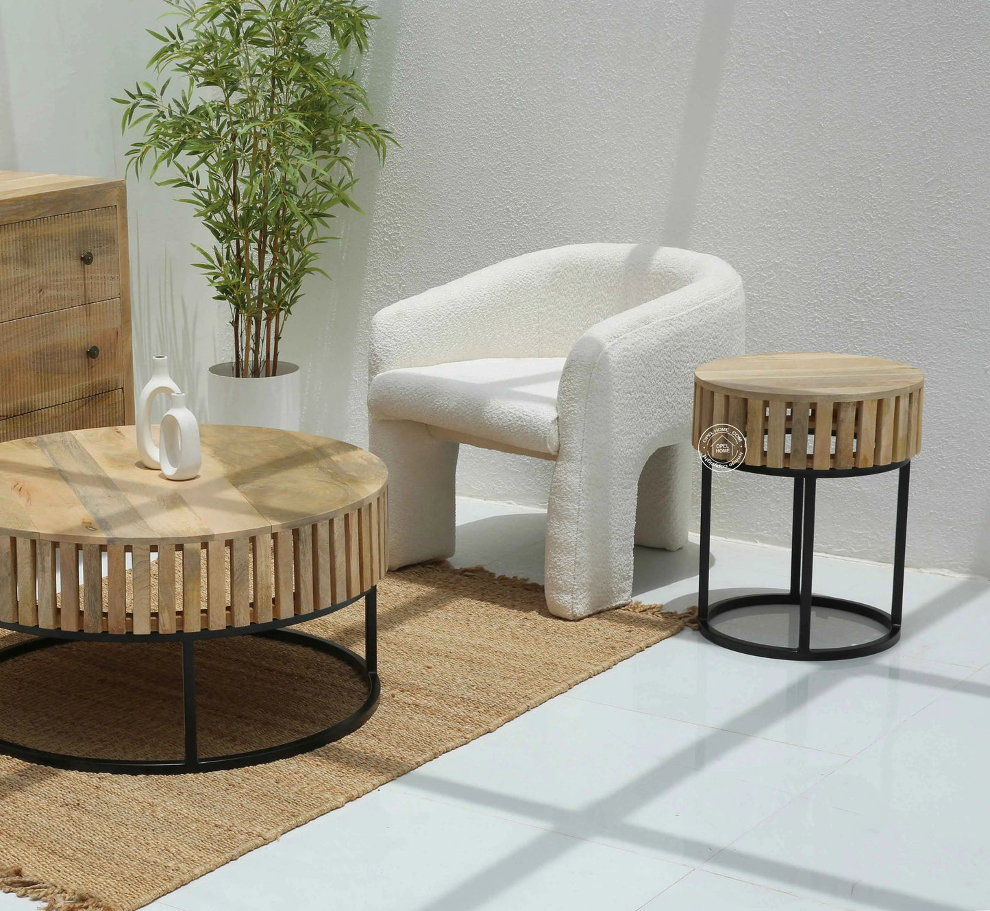 Rolling Wooden Round Side Table With Black Metal Base – Solid Mango Wood, Natural Finish | Opelhome UAE