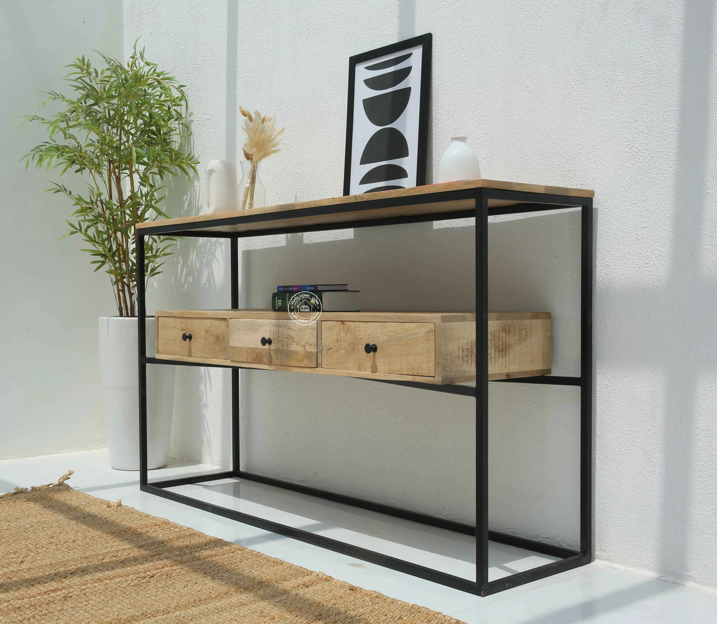 Semper Industrial Console Table – 4 Drawers, Solid Mango Wood & Iron, Natural Finish | Opelhome UAE
