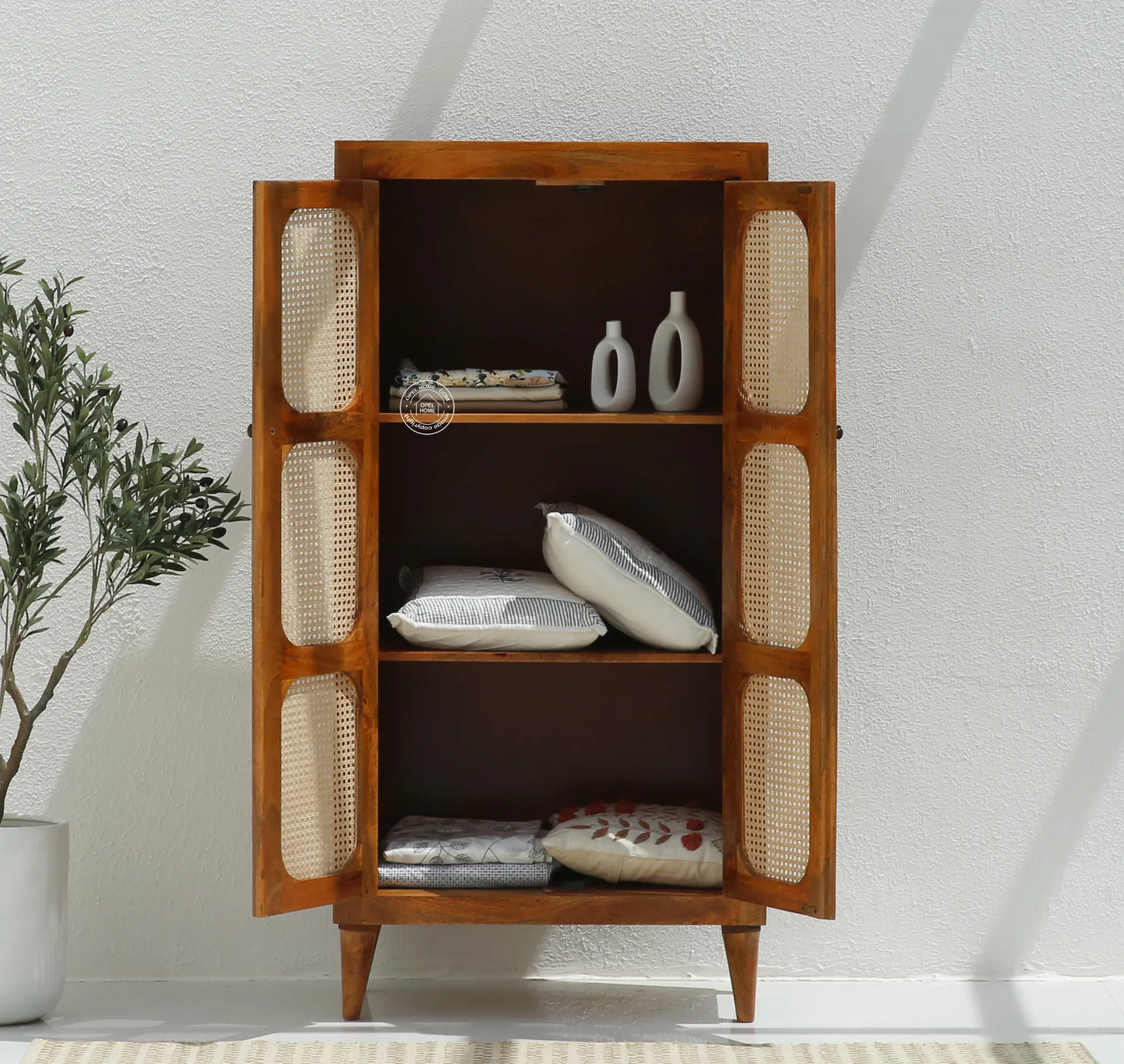 Space Rattan 2 Door Closet – Solid Mango Wood, Honey Finish | Opelhome UAE - Opelhome