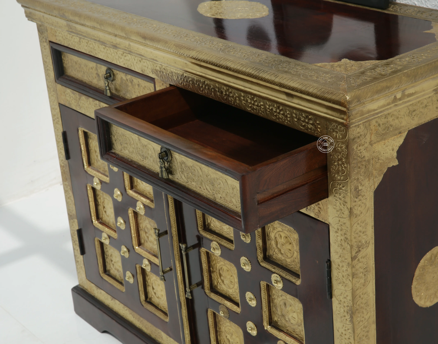 Tannis Brass FTD Wooden 2 Door 2 Drawer Sideboard – Solid Acacia Wood & Brass, Walnut Finish | Opelhome UAE - Opelhome