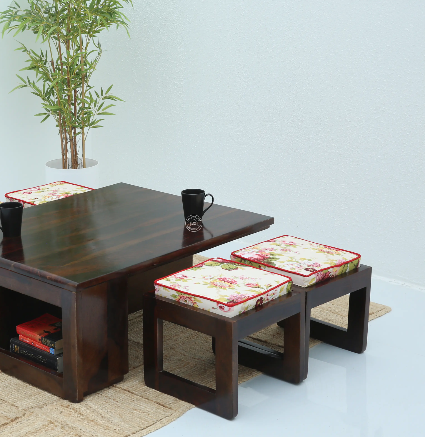 Terra Wooden Coffee Table with Four Stools – Solid Rosewood, Walnut Finish | Opelhome UAE - Opelhome