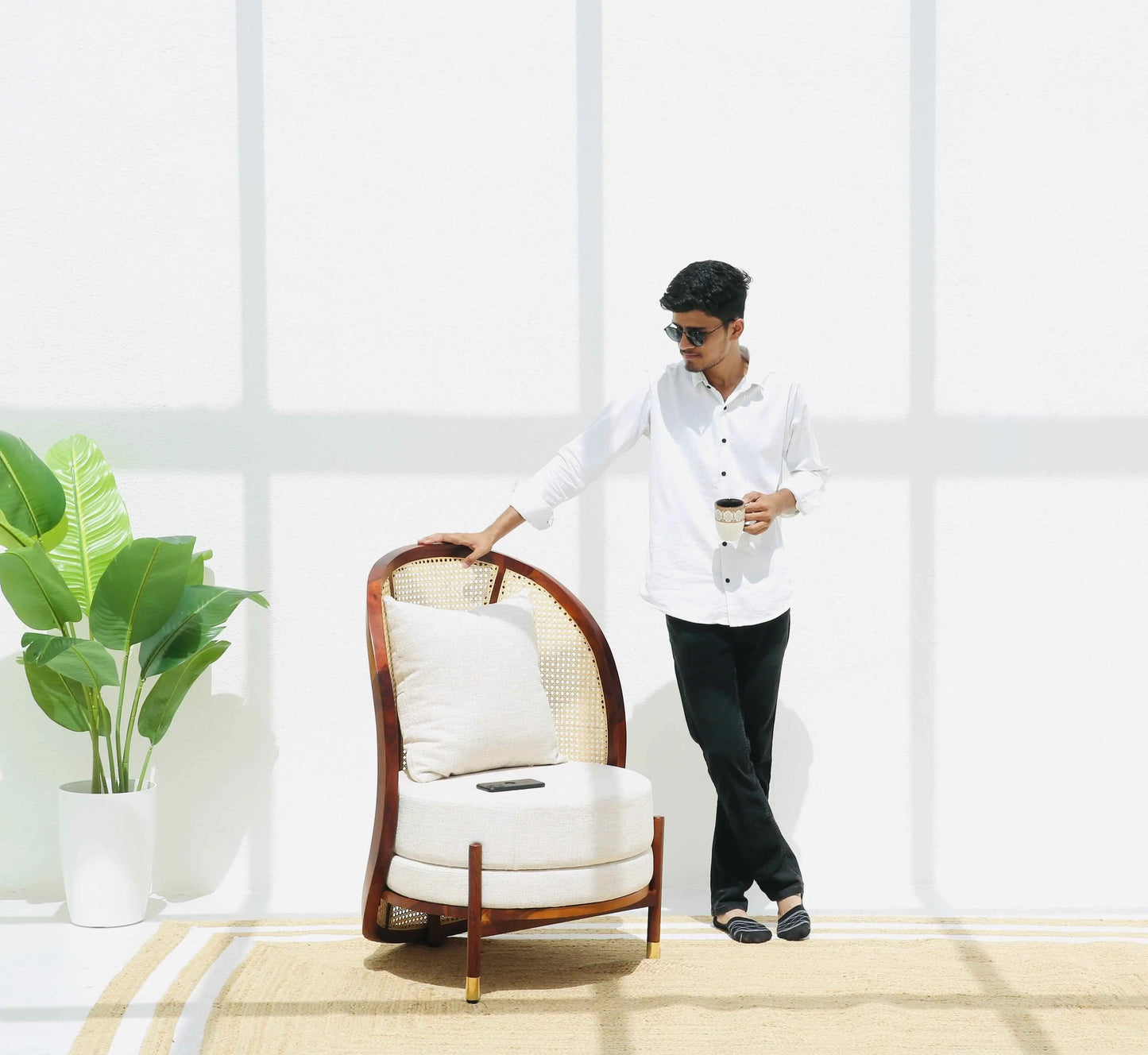 Tone Rattan Lounge Chair – Solid Rosewood Frame, Natural Cane & Pillow | Opelhome UAE