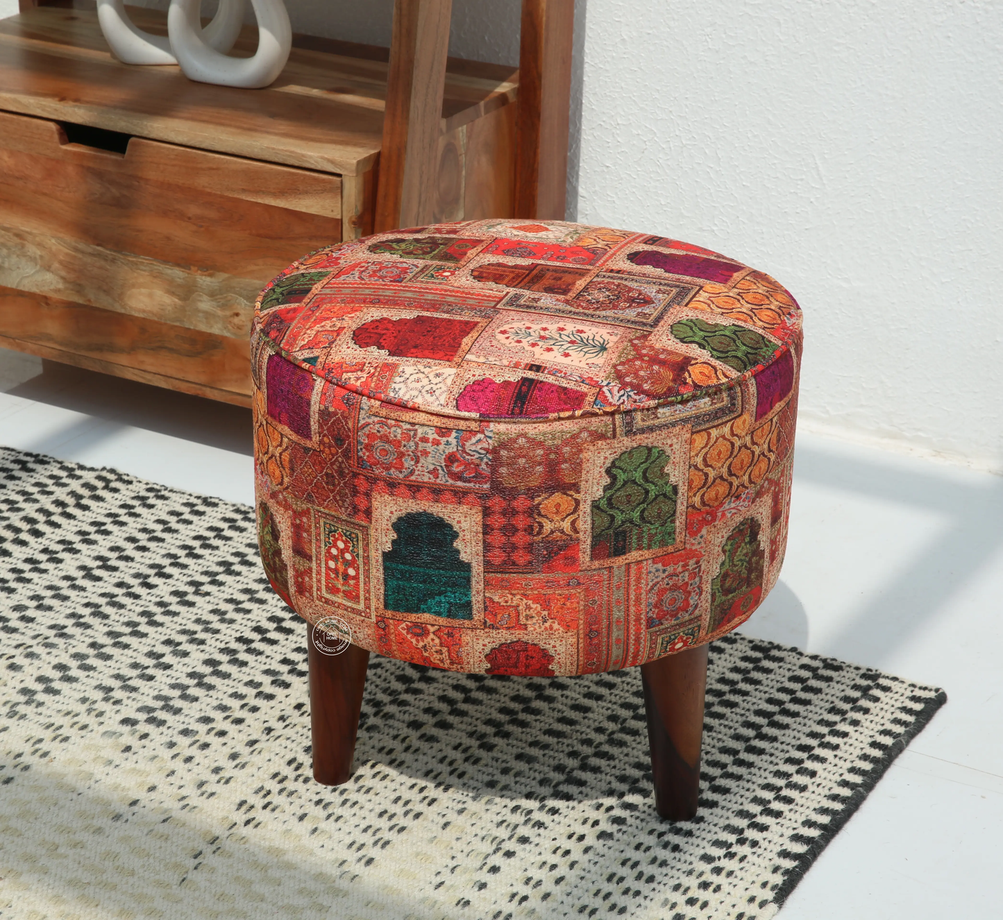 Velora Wooden Stool – Walnut Finish, Printed Fabric Seat | Opelhome UAE