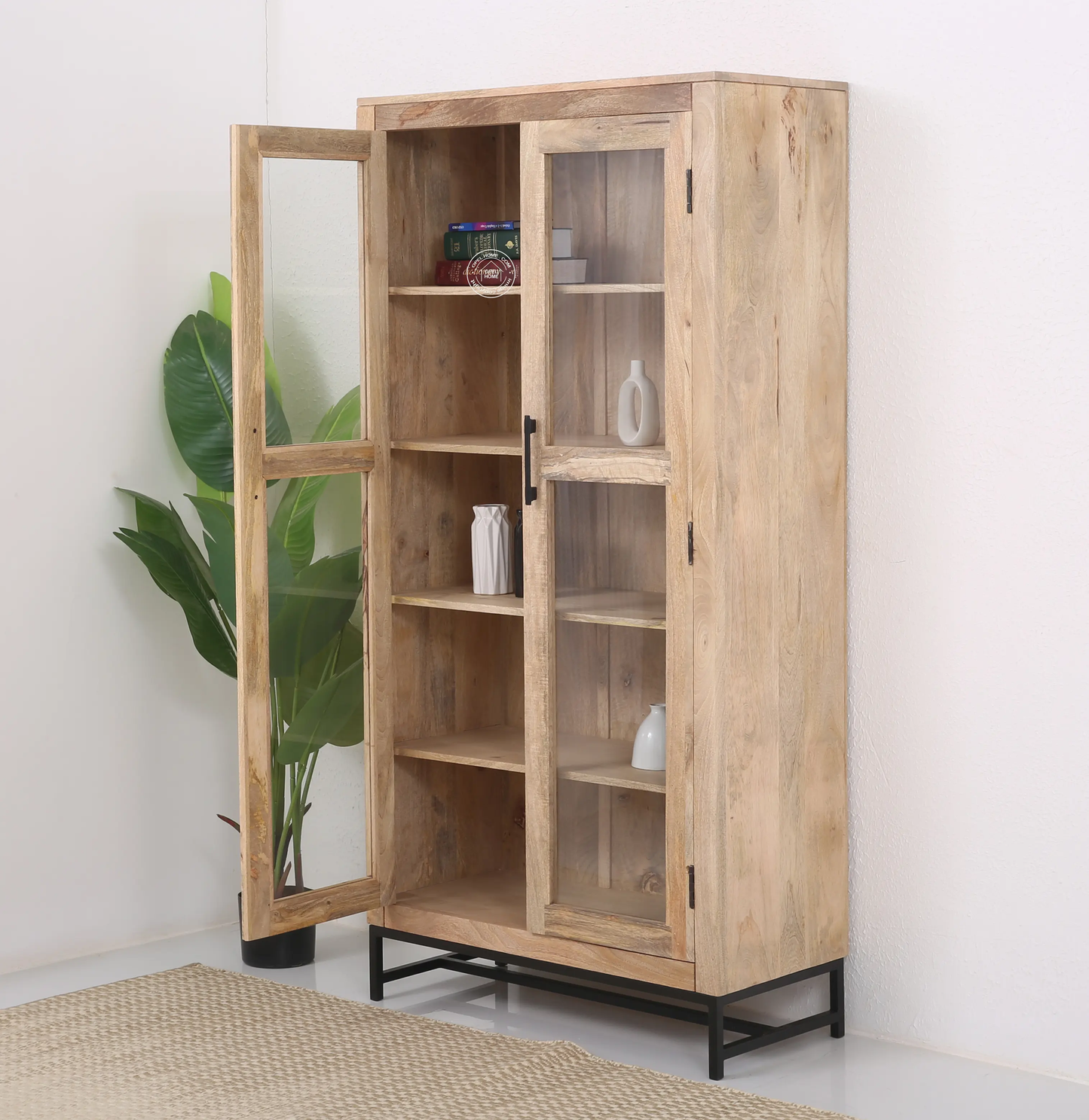 Wine 2 Door Glass Display Unit – Solid Mango Wood, Natural Finish | Opelhome UAE - Opelhome