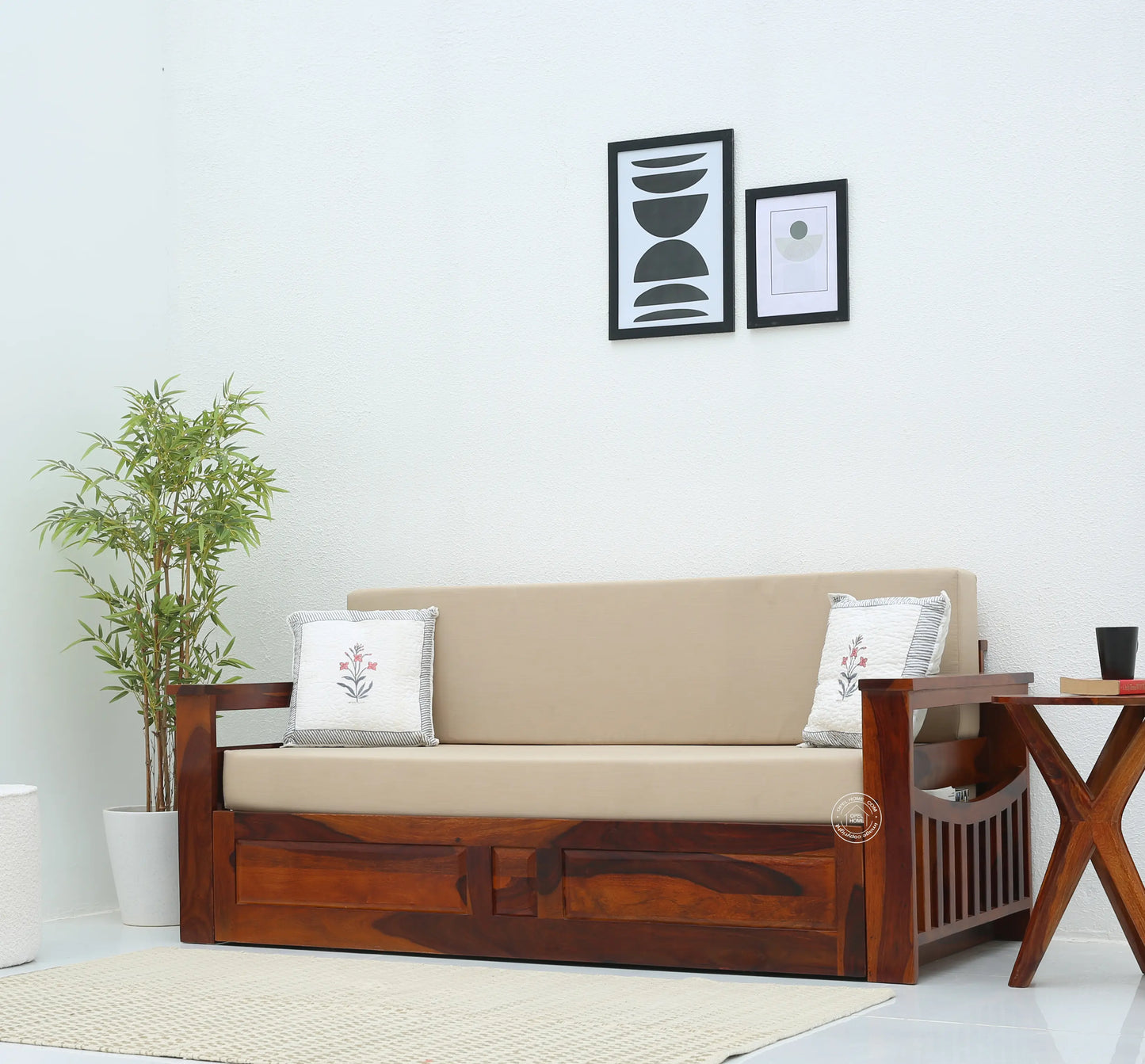 Zentra Wooden Sofa cum Bed With Storage (Honey finish) - Opelhome