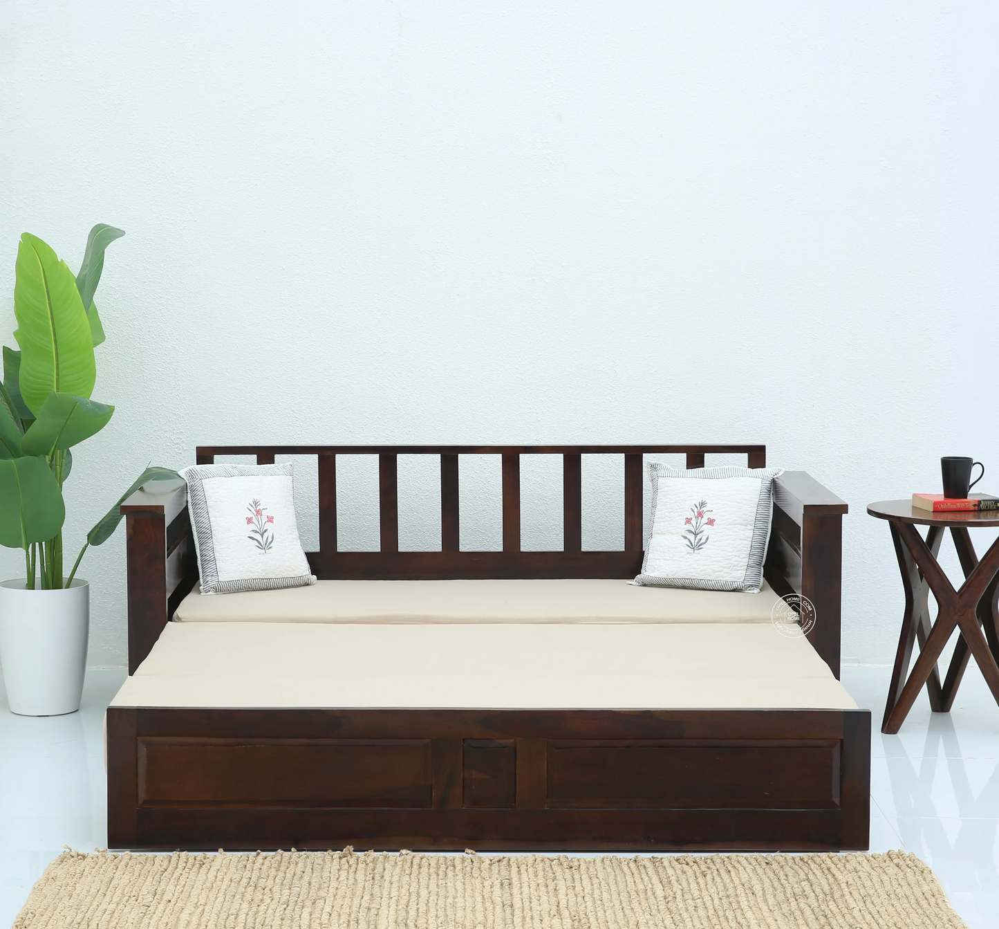 Zentra Wooden Sofa cum Bed With Storage – Solid Rose Wood, Walnut Finish | Opelhome UAE - Opelhome