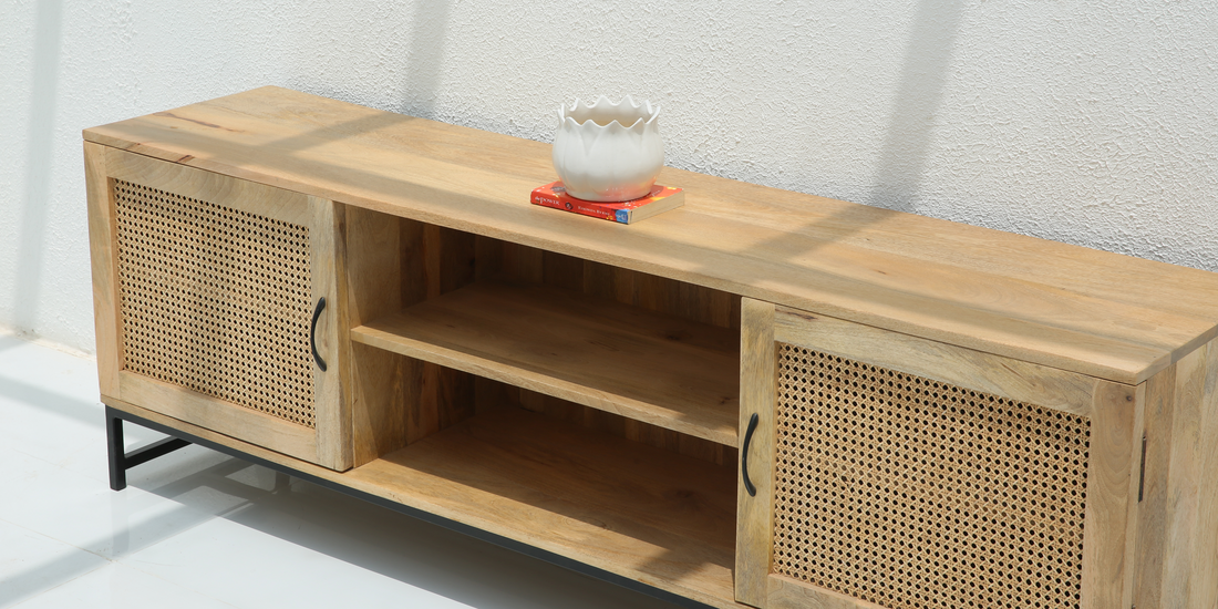 Best Natural Solid Wood Rattan TV Unit in Dubai for Modern Family Homes