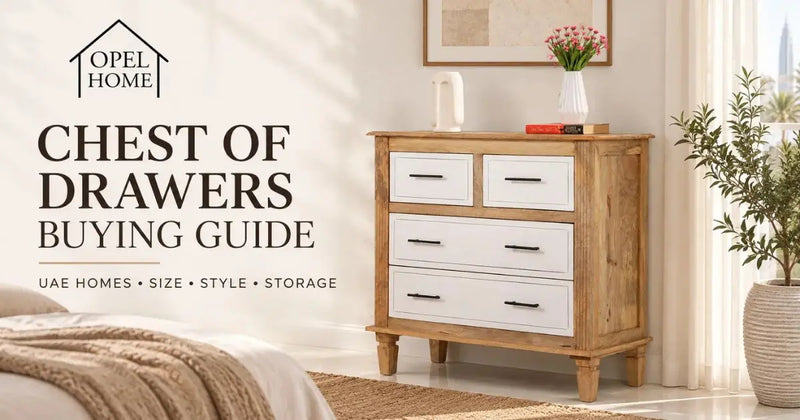 Four-drawer wooden chest of drawers with white drawer fronts in a bright bedroom